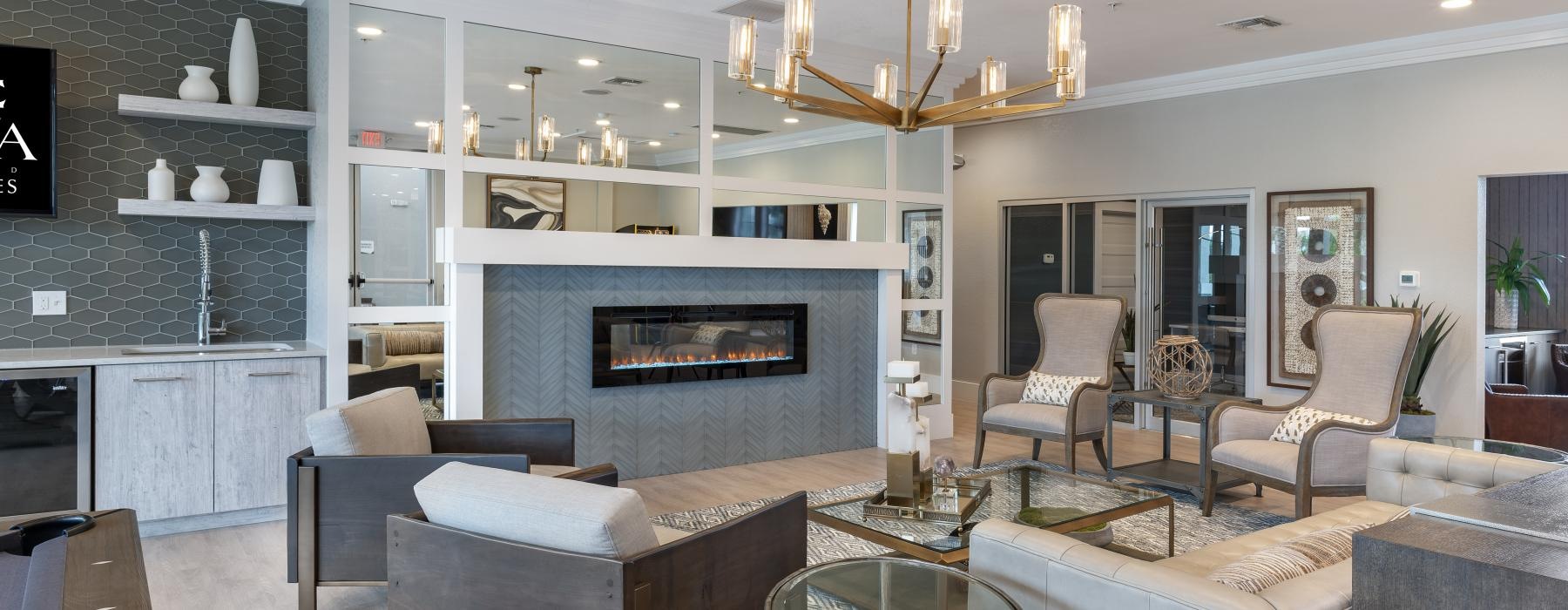 a living room with a fireplace