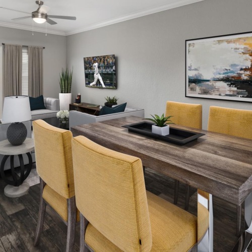 Wide open living areas perfect for entertaining a dining room with a large table and a living room